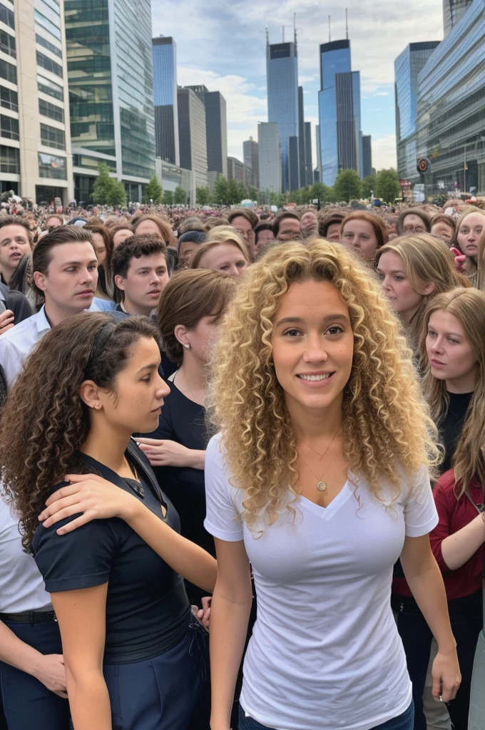 photo of a woman with curly blonde hair, standing in the middle of a crowd of people, looking at the tall buildings, whole body