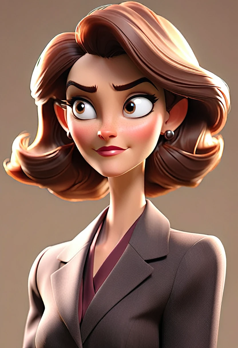 A middle-aged European woman in a modern business suit, depicted with a kind expression on her face, the figure turned slightly towards the right shoulder, at an angle of 10%, front to back view. Professional color correction with soft shadows, professional studio lighting.