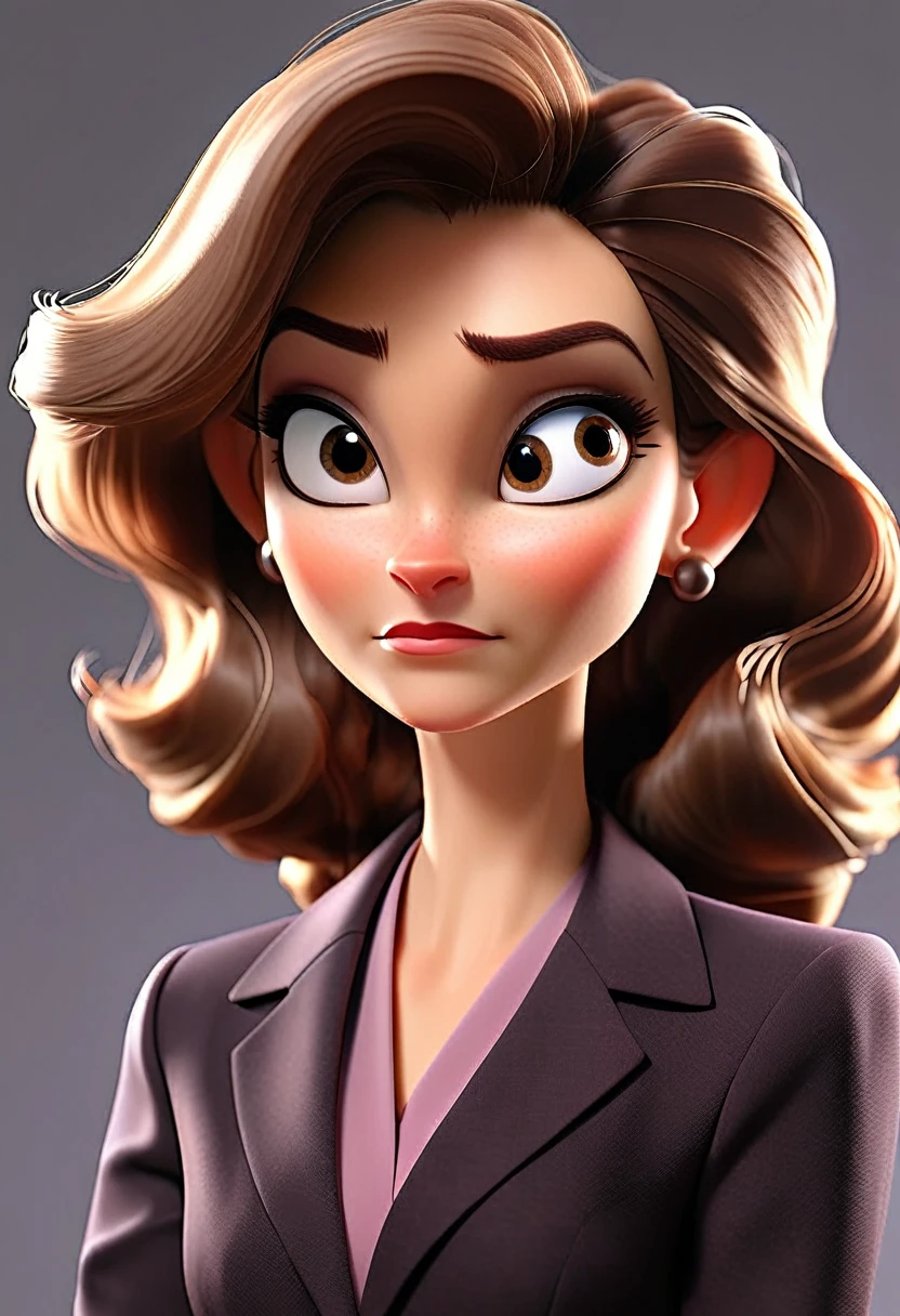 A middle-aged European woman in a modern business suit, depicted with a kind expression on her face, the figure turned slightly towards the right shoulder, at an angle of 10%, front to back view. Professional color correction with soft shadows, professional studio lighting.