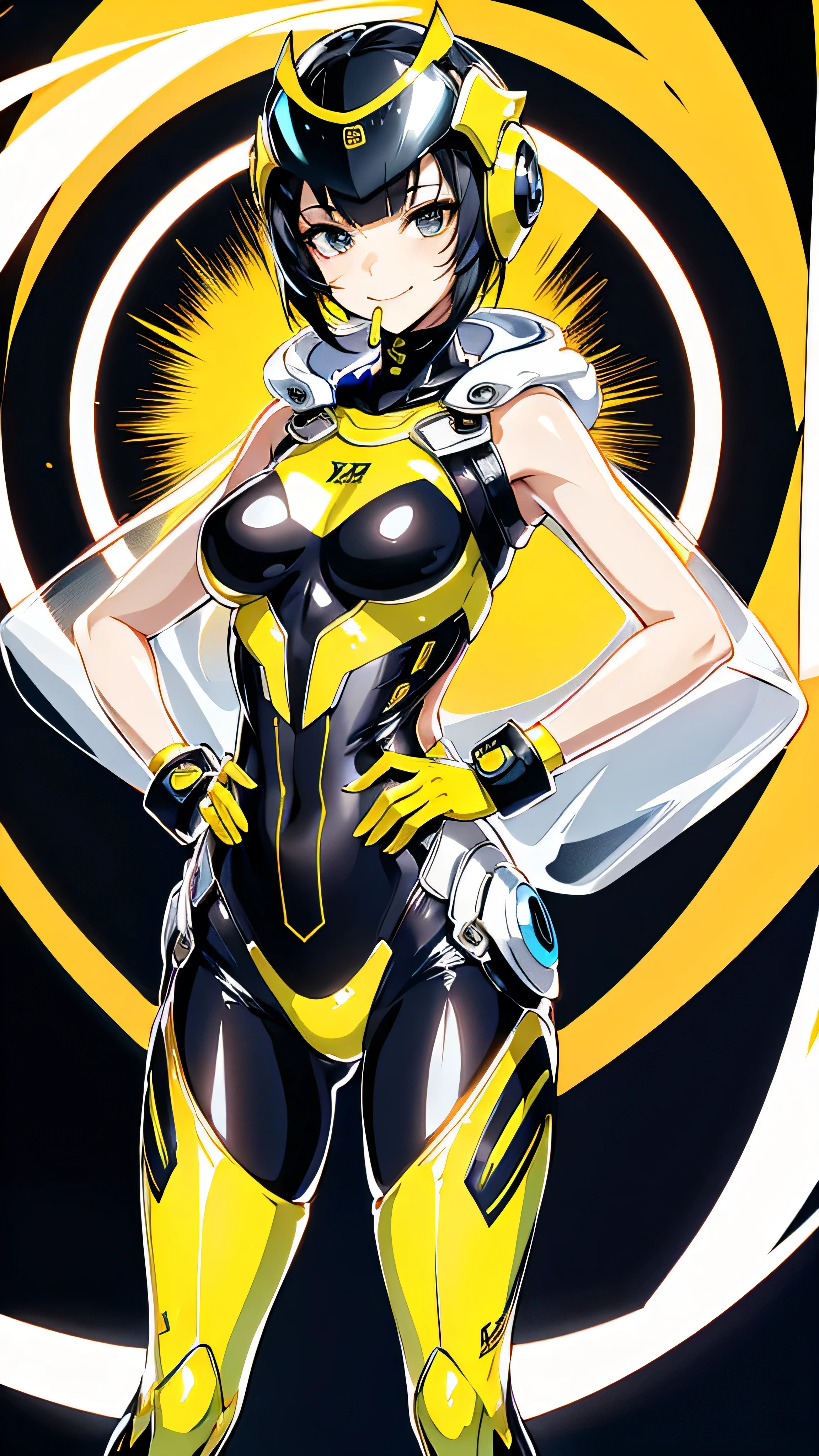 extremely clear 8K wallpaper, extremely delicate and detailed face, absurdres, masterpiece, full body, An android girl with a wasp motif, a helmet and flight suit intricately designed in fluorescent yellow and matte black, the helmet is designed to cover everything from her head to her nose, and her mouth has a sinister smile. , It has a huge needle part on its hip, which shows its high fighting ability., splatter ground, standing with hand on hip,