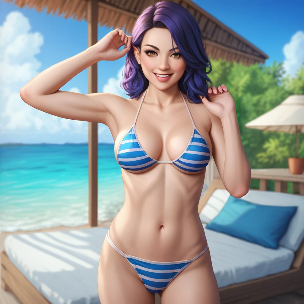 (1 girl:1.2) , (whole body:1.3) , (standing:1.3) , sensual pose, sfw, (medium hair:1.2) , realistic face, very detailed, (absurdres:1.2) , (facing the camera:1.3) , (beauty) , long eyebrows, bochechas, pele rosada, calmo, iluminado, 8k (bikini:1.2) , (blue hair:1.2), (brown eyes:1.2), (wavy hair:1.2), (pale skin:1.3), (bedroom:1.2) , smiling, lipstick (elf ears:1.3) , (sensual pose:1.2), curvy, thick thighs, huge