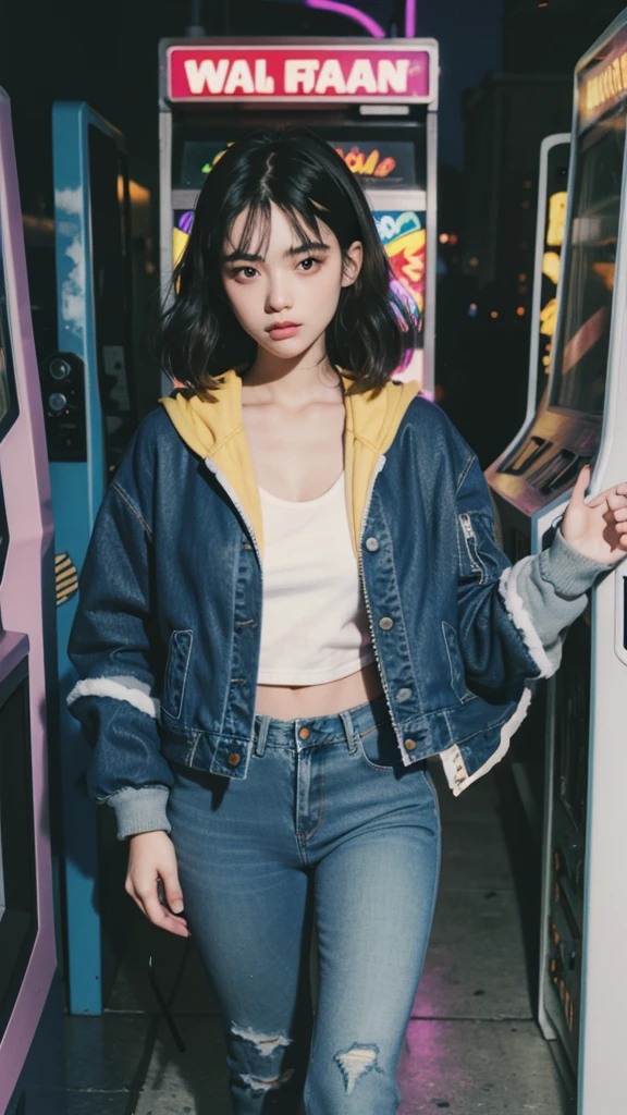 Design an illustration of a 1980s young girl wearing acid wash jeans and a bomber jacket, (listening to a Walkman) in a neon-lit room with arcade machines. Detail face