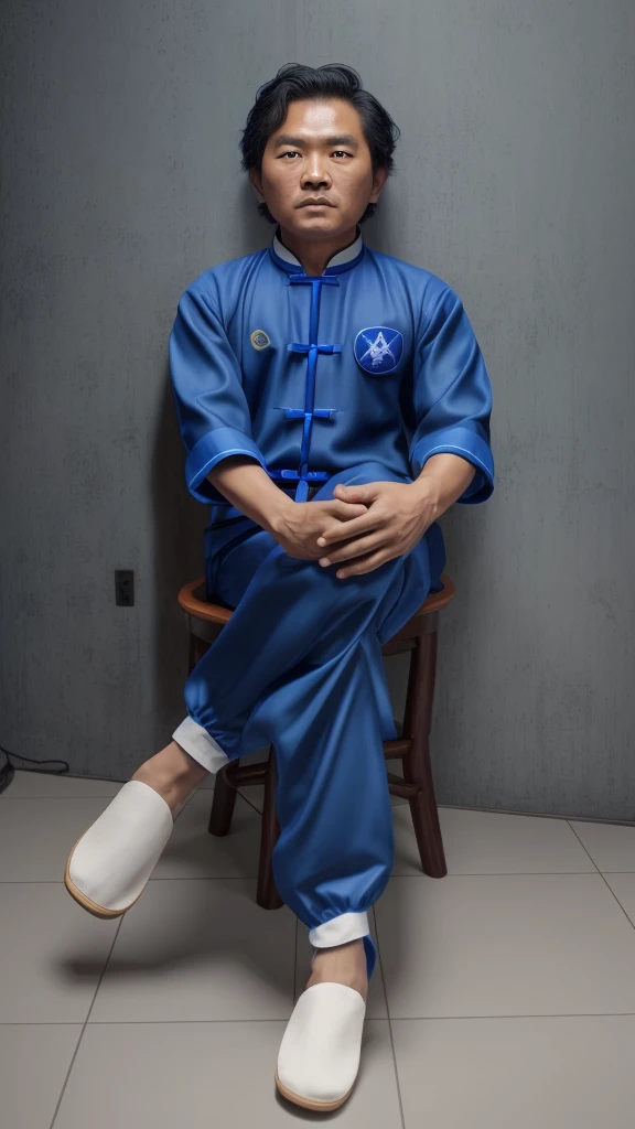 there is a man sitting on a chair wearing a blue uniform, a colorized photo inspired by Liao Chi-chun, cg society contest winner, realism, in the style of sifu 🔥 😎 🕹️ 👀 :2, traditional tai costume, realism artstyle, wearing authentic attire, changquan, with acient chinese clothes, [ digital art ]!!, potrait