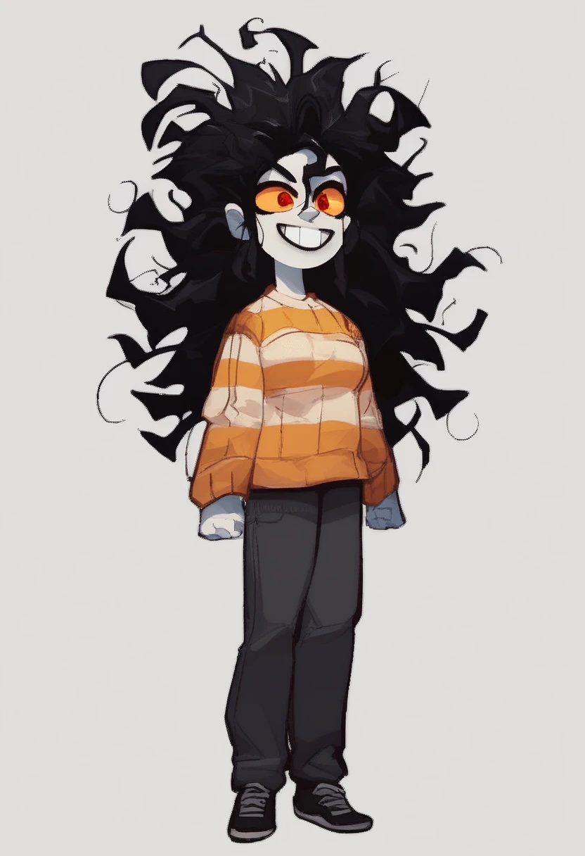 sarah_henderson, 1girl, solo, long hair, smile, simple background, black hair, red eyes, white background, standing, full body, pants, grin, sweater, colored skin, transparent background, messy hair, yellow sclera, striped sweater, white skin, completely black mouth, source