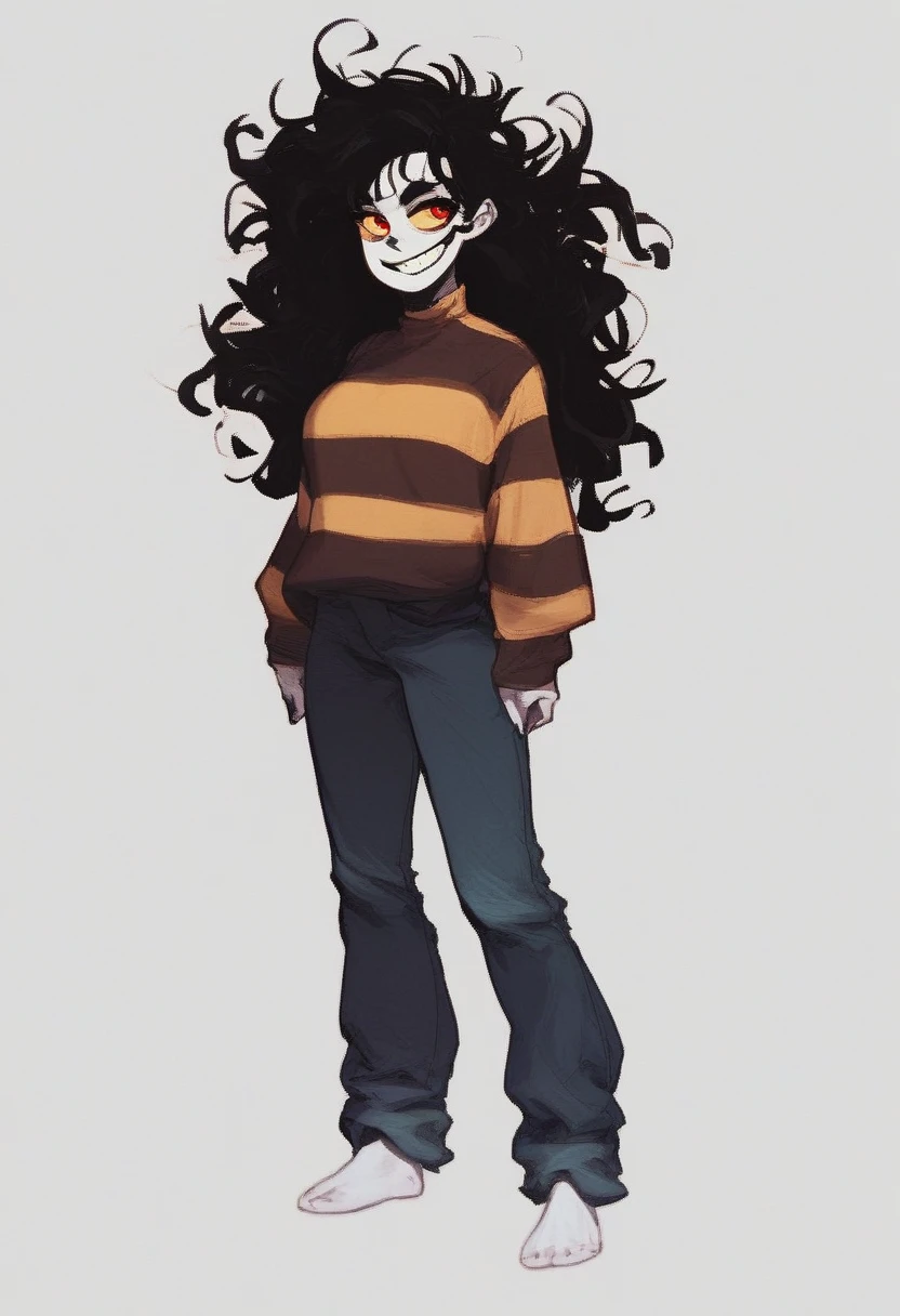 sarah_henderson, 1girl, solo, long hair, smile, simple background, black hair, red eyes, white background, standing, full body, pants, grin, sweater, colored skin, transparent background, messy hair, yellow sclera, striped sweater, white skin, completely black mouth, source