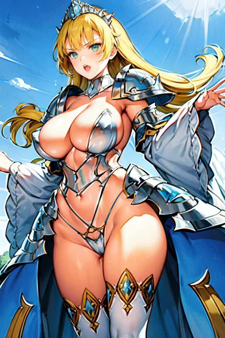 voluptuous, qbcinderella, long hair, tiara, detached collar, armor, bikini armor, blue pauldrons, wide sleeves, frilled sleeves, showgirl skirt, white thighhighs, adult, flipped hair, green eyes, large breasts, cleavage, white sleeves, blue shoulder armor, waist armor, breastplate,