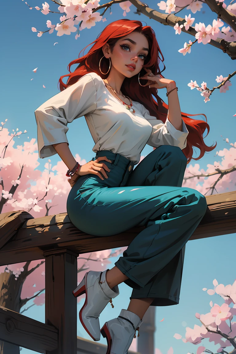 Goddess ((goddess-like woman)), slim, elegant silhouette, masterpiece, (close angle), best quality, cute face, (masterpiece:1,2, best quality), (real picture, intricate details), ( 1 lady, solo, medium tits, narrow waist, (long hair), a woman with long hair, red hair, long wavy red hair, turquoise eyes, she has an impressive presence., bracelet, hoop earrings, jewelry, beautiful face, beautiful eyes, she looks the Looking at viewer, she is wearing earrings, necklace, many different bracelets, wearing a denim blouse and black short jogging pants, black ankle boots with high heels, sweet irresistible smile, elegant pose, elegant hands, beautiful hands, perfect fingers, background: background: Park, Japanese garden Cherry trees, cherry blossoms, blue sky, upper body view,