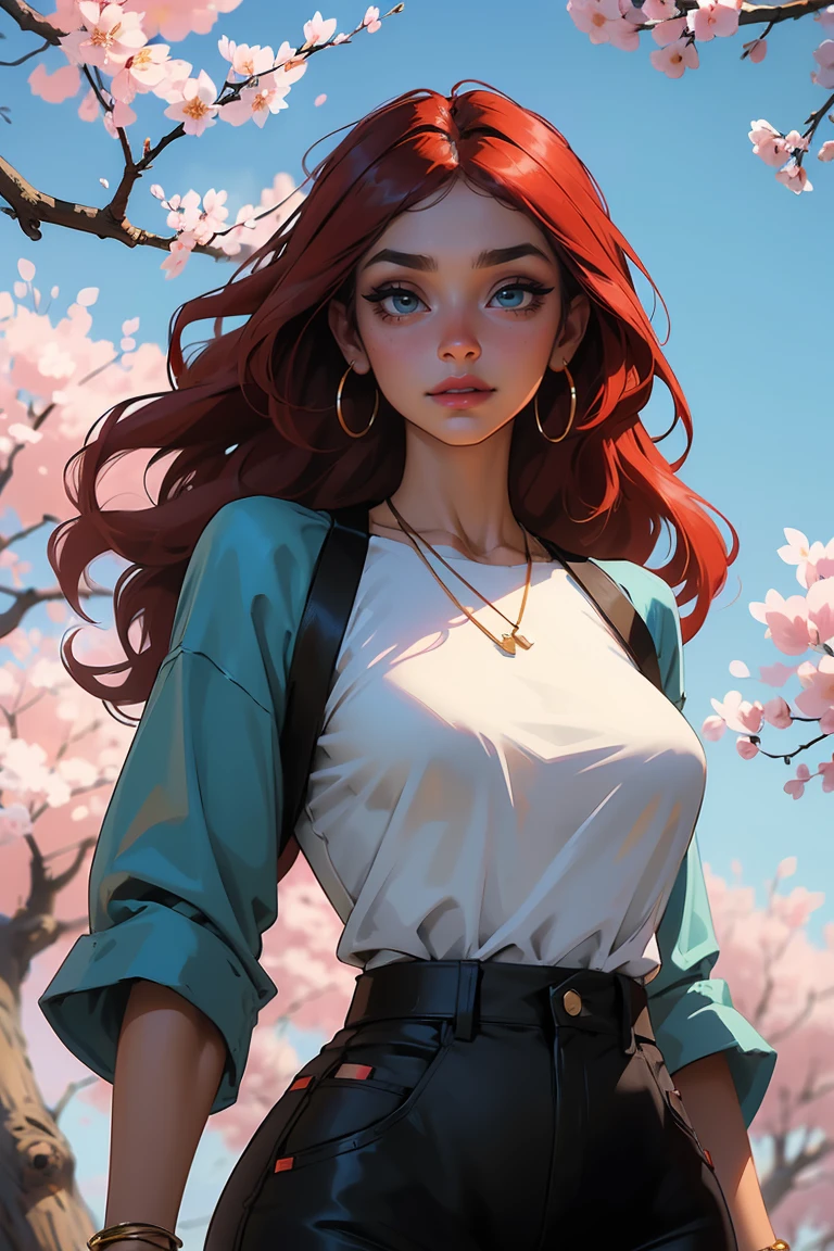Goddess ((goddess-like woman)), slim, elegant silhouette, masterpiece, (close angle), best quality, cute face, (masterpiece:1,2, best quality), (real picture, intricate details), ( 1 lady, solo, medium tits, narrow waist, (long hair), a woman with long hair, red hair, long wavy red hair, turquoise eyes, she has an impressive presence., bracelet, hoop earrings, jewelry, beautiful face, beautiful eyes, she looks the Looking at viewer, she is wearing earrings, necklace, many different bracelets, wearing a denim blouse and black short jogging pants, black ankle boots with high heels, sweet irresistible smile, elegant pose, elegant hands, beautiful hands, perfect fingers, background: background: Park, Japanese garden Cherry trees, cherry blossoms, blue sky, upper body view,