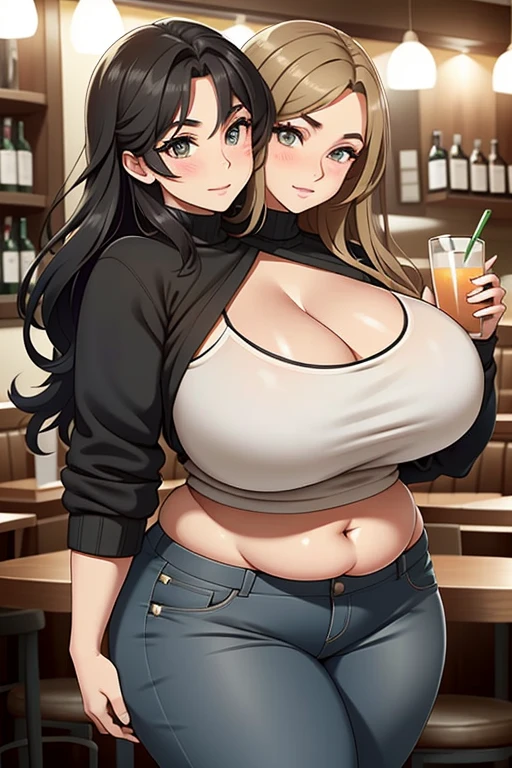 2heads, a fat woman with two heads. She has enormous breasts. She is dancing in a bar. She is sipping a drink. She is laughing. She looks drunk. She is flirty. She is wearing a low-cut sweater and jeans. She is tugging her shirt to show her breasts. She has enormous . She is chubby. Massive breasts. She looks mature. She is extremely short. She is extremely fat. She has massive fat breasts. She has long straight brown hair. Her sweater is loose and slipping, exposing her bra.