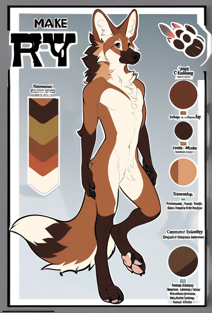 Solo, male, furry art, maned_wolf, fursona, ((canine)), (((brown primary fur))), white secondary, (perky ears), reference sheet, amazing art, masterfully executed, beautiful background, normal body, paws.