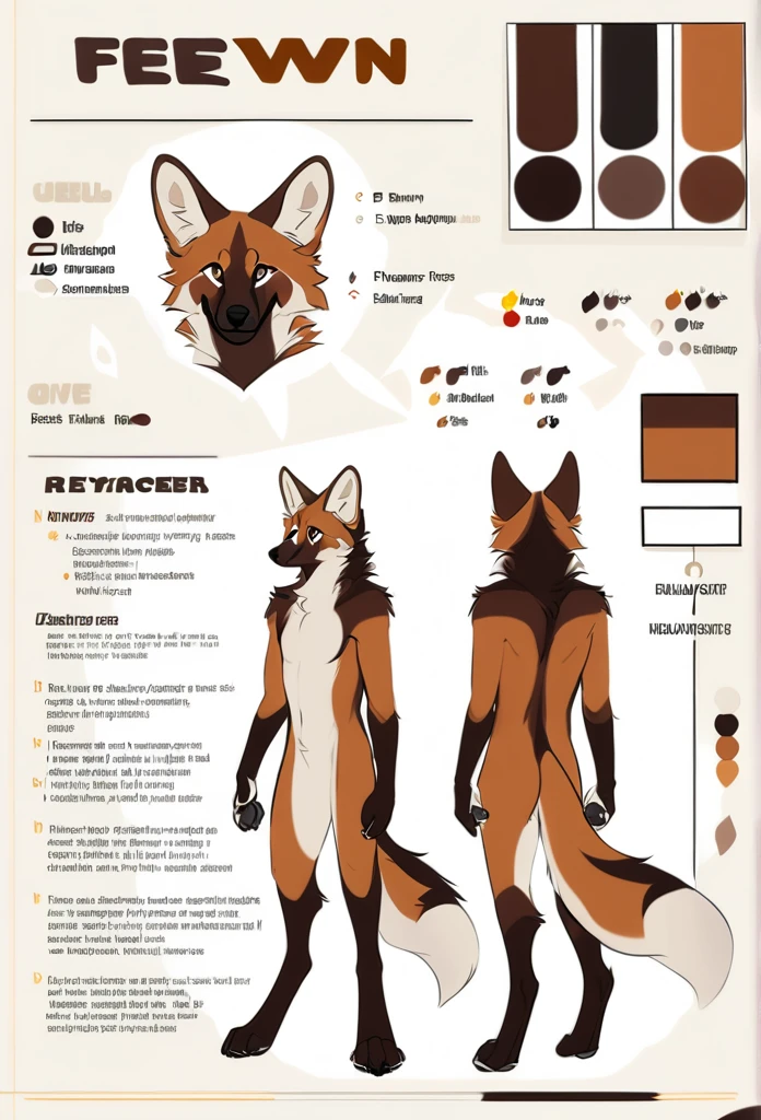 Solo, male, furry art, maned_wolf, fursona, ((canine)), (((brown primary fur))), white secondary, (perky ears), reference sheet, amazing art, masterfully executed, beautiful background, normal body, paws.