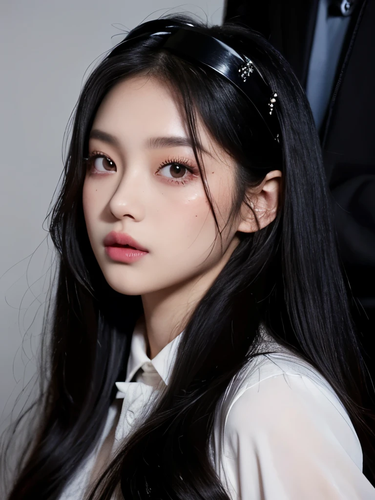 Kim Jennie with dark black hair, with curlers at the ends of dark black hair, with a star clip in her dark black hair, light colored eyes, pretty eyes, crying eyes, pretty, upturned nose, Pretty lips, pink lips, heart and cupid shaped lip, pretty skin, pale, White skin, with moles and freckles all over his face, soft pink blush on the cheeks, natural pink blush, dark and gothic makeup, Gothic Jennie, while she is with a cute boy by her side, with a cute asian boy standing next to her, while there is a man's torso, while the man'His hand is on his jaw.., beautiful man's hands, with a gothic boy, nice collars, marked collar, frown, angry look, with a kiss necklace, a pretty kiss necklace, while her nipples are noticeable (big breasts, soft breasts, nice breasts, natural breasts), with a white dress, short and transparent dress, visible on the nipple, with a boy by his side, with her boyfriend, looking to the camera, autophoto