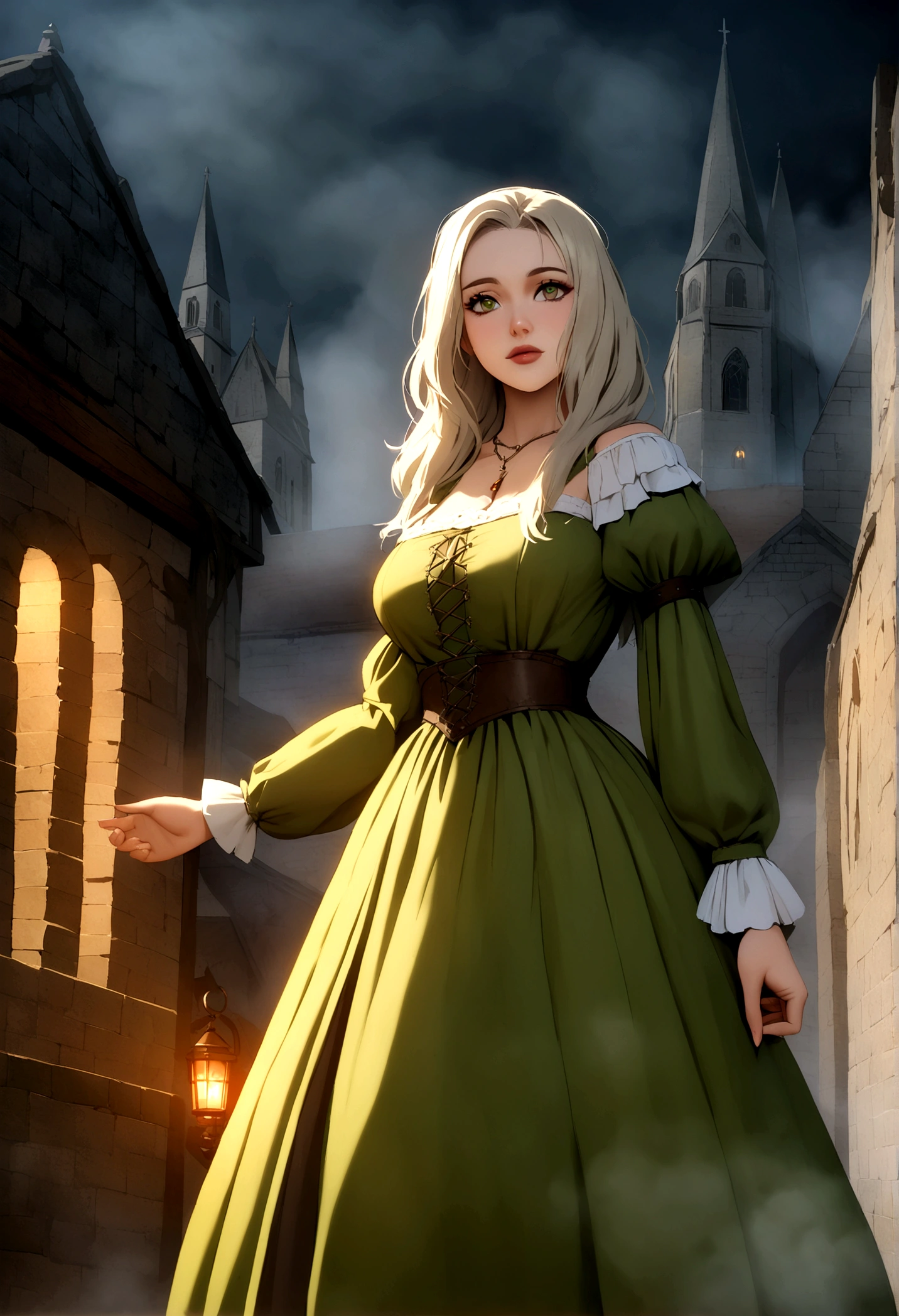 white woman, Chestnut (green eyes), medieval dress , escape in medieval London, Renaissance, at night, fog, ancient, Lower, churches.