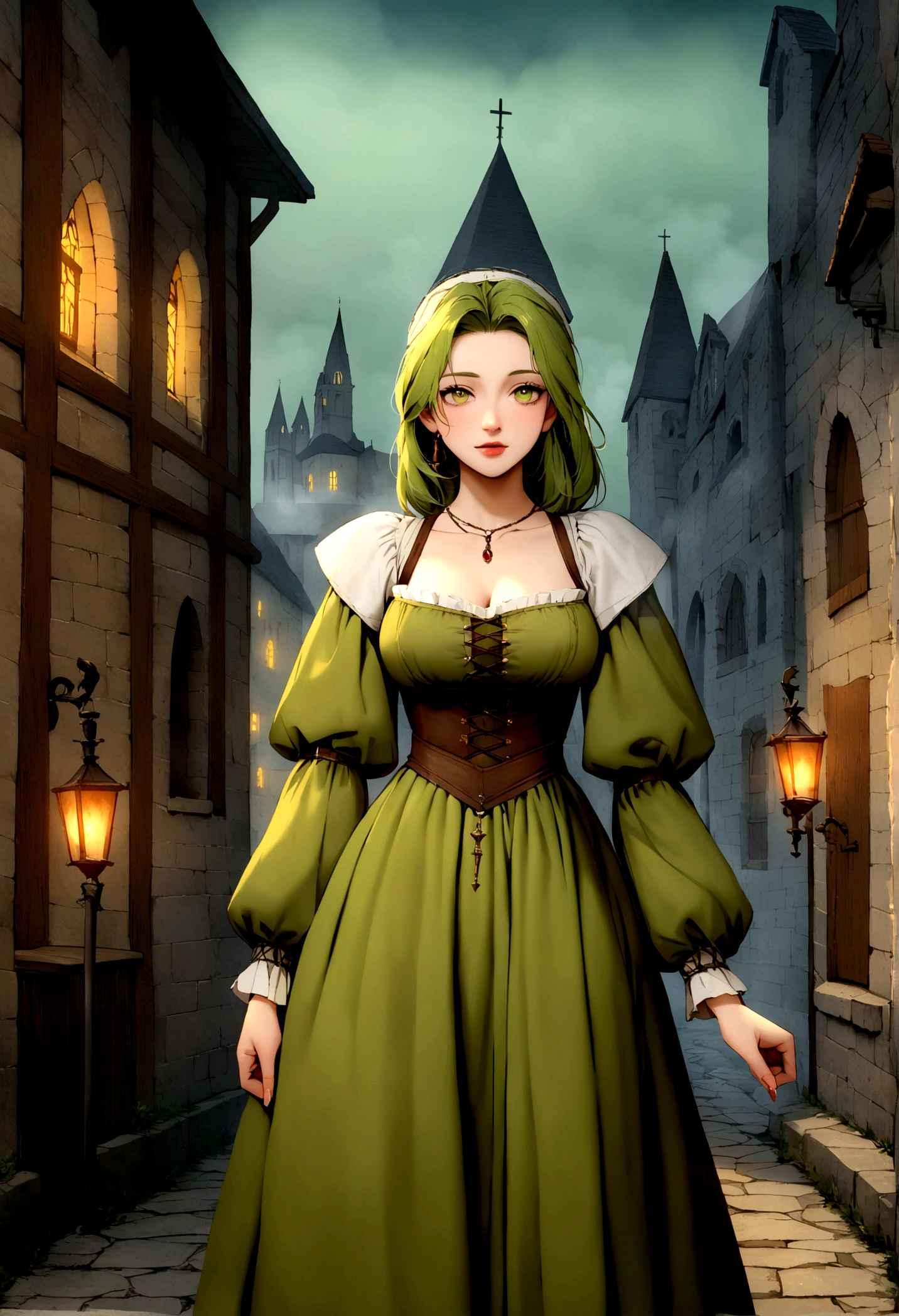 white woman, Chestnut (green eyes), medieval dress , escape in medieval London, Renaissance, at night, fog, ancient, Lower, churches.