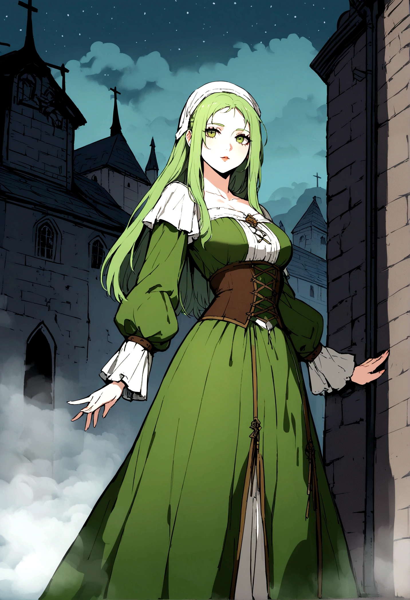 white woman, Chestnut (green eyes), medieval dress , escape in medieval London, Renaissance, at night, fog, ancient, Lower, churches.