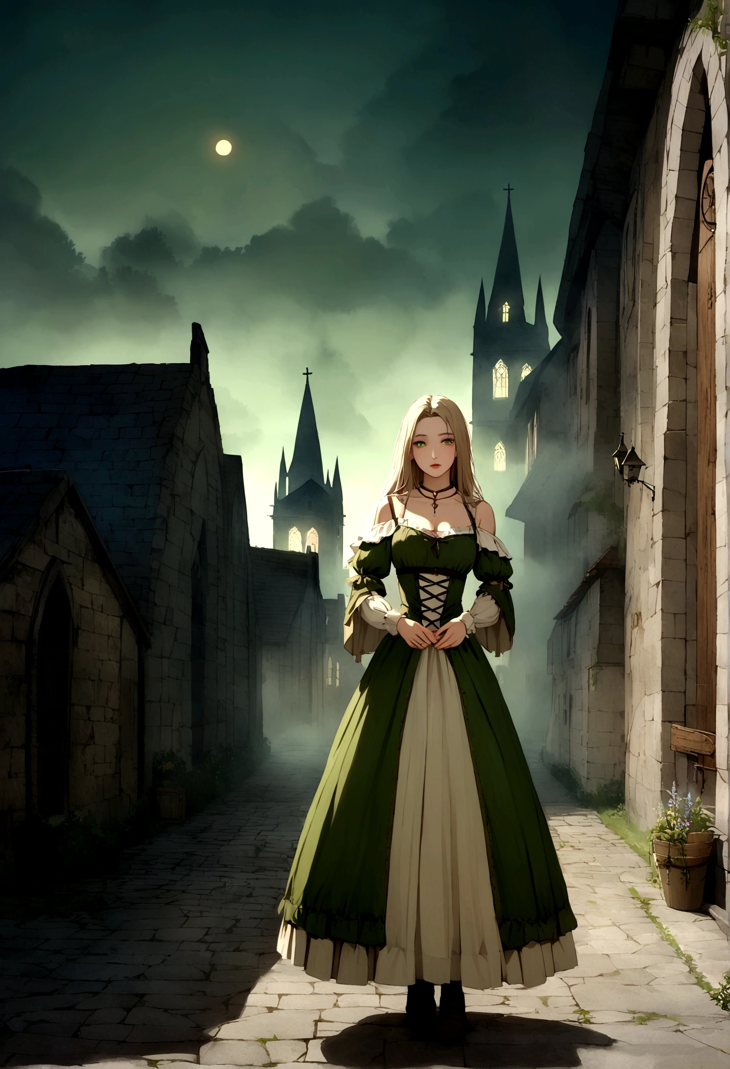 white woman, Chestnut (green eyes), medieval dress , escape in medieval London, Renaissance, at night, fog, ancient, Lower, churches. 