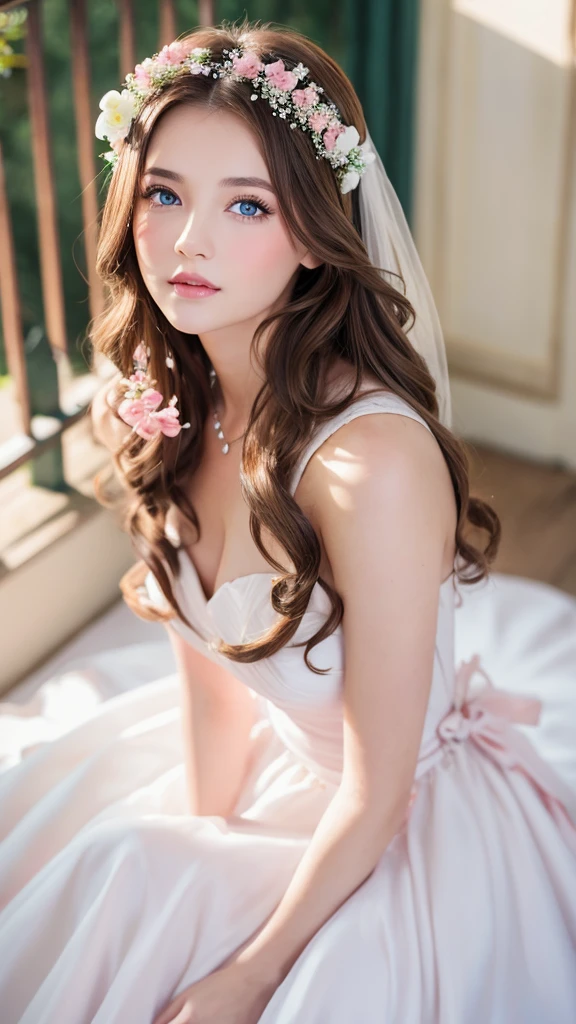a girl with brown hair, blue eyes and pink lips wearing a white wedding dress