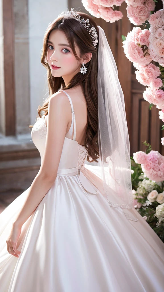 a girl with brown hair, blue eyes and pink lips wearing a white wedding dress