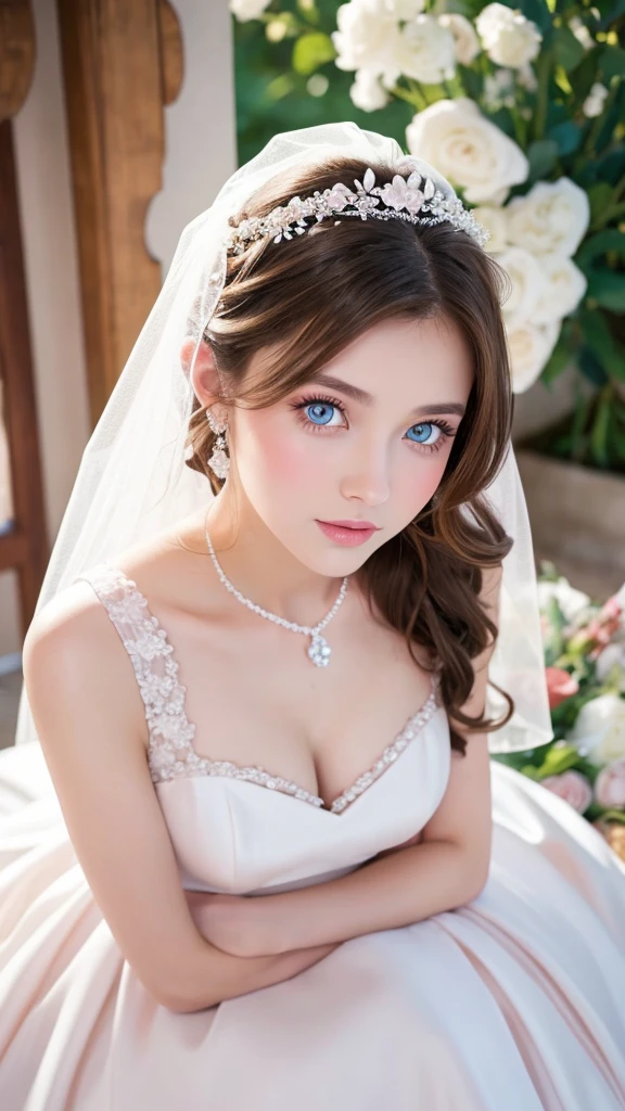 a girl with brown hair, blue eyes and pink lips wearing a white wedding dress