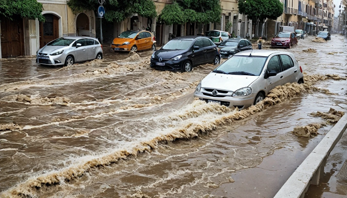 Hailstorm and strong winds destroy tiles and cause flooding on a street in Alexandria, Italy. The image depicts a scenario of destruction. The situation is terrible.