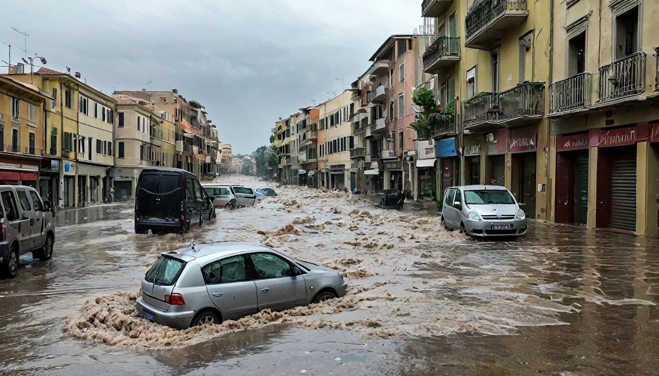 Hailstorm and strong winds destroy tiles and cause flooding on a street in Alexandria, Italy. The image depicts a scenario of destruction. The situation is terrible.