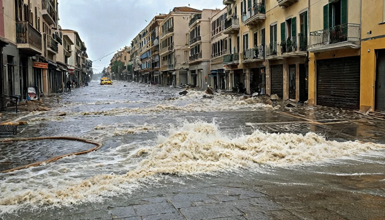 Hailstorm and strong winds destroy tiles and cause flooding on a street in Alexandria, Italy. The image depicts a scenario of destruction. The situation is terrible.