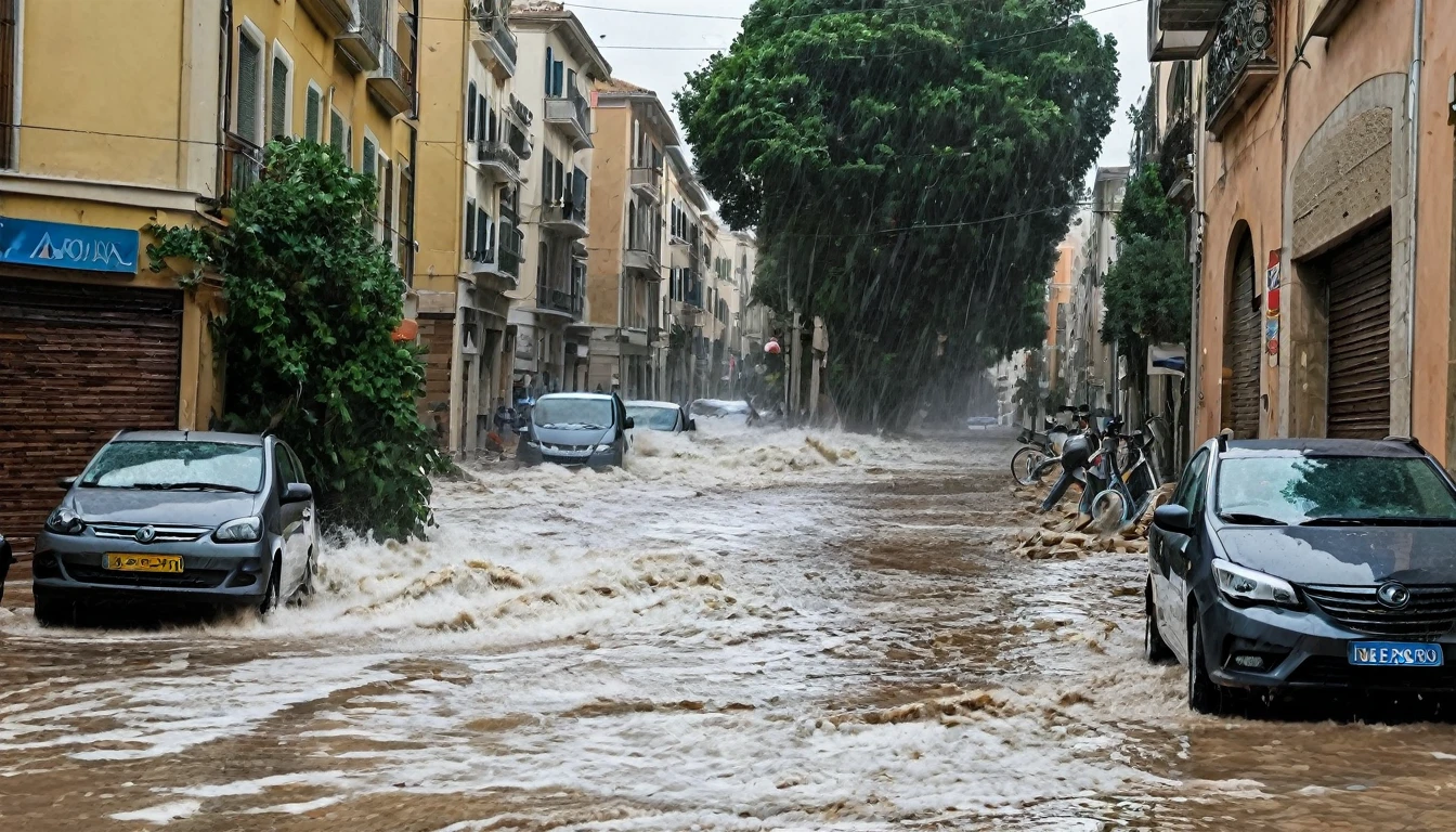 Hailstorm and strong winds destroy tiles and cause flooding on a street in Alexandria, Italy. The image depicts a scenario of destruction. The situation is terrible.
