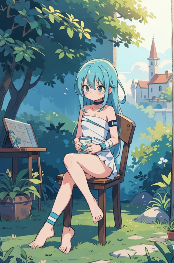 masterpiece, Best quality, anime style, Aqua from the anime Konosuba, naked, blue hair, sitting on a chair, fantasy medieval, choker, bandages on the body, solo,