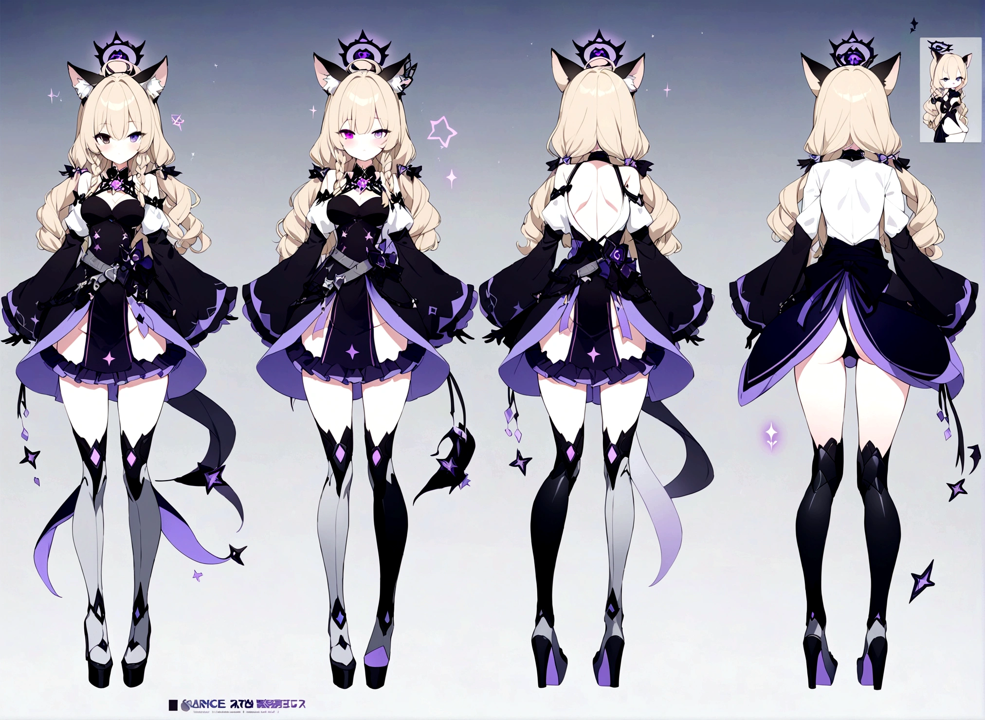 1 woman 180 cm tall. (character design sheet: front view, back view). Dark blonde long hair, slim build, wavy hair with hip length curls, has a short central tuft, She has two short braids on the left and right side of her head with two small ribbons on each braid.. It has black serval ears with gray and purple inside located on the top of its head... small face. (heterochromia: one gray eye and one purple eye), Has ribbons on the right and left side of the hair. extremely detailed face, Beautiful detailed eyes, beautiful detailed lips. adorable, extremely detailed legs, (Best Quality, 4k, 8k, high resolution), ultra detailed, Exquisite and epic character art.. Black platform heels, Elegant one-piece long dress with ruffle skirt and wide sleeves. Gold gear embellishments on the dress, star and ribbon decorations on the dress. black gloves. gray belt at the waist with a large ribbon and a bright pink heart in the middle. black necklace with heart emblem on the neck. It has a succubus tail with a small purple luminous five-pointed star at the tip.... (wide hip). Luminous black halo with purple star patterns above his head.... (medium chest size). Thigh High Mechanical Legs in Black and Purple.