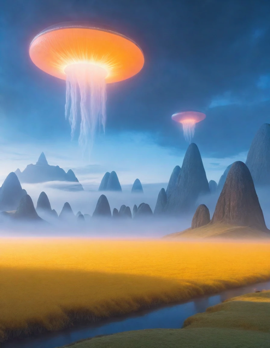 Alien landscape with huge mysterious buildings in a cold atmosphere, Predicts supernatural weather. The scene is filled with breathtaking beauty, Showcasing ultra-realistic textures and stunning lighting. The winning photo, Shot in 8k with a Canon EOS R5, Popular on ArtStation. Peaceful environment,Uninhabited, Rise up vibrant floats glow, The misty sky adds to the otherworldly beauty, Showing its magnificence.