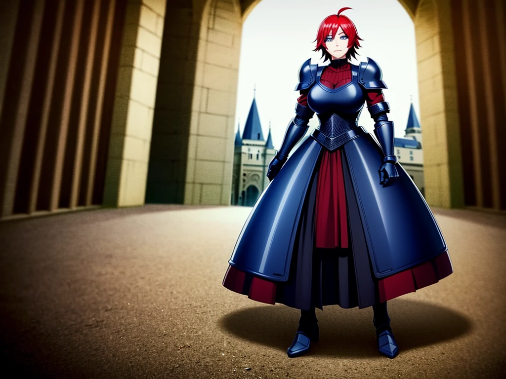 Anime woman, bright blue eyes, red hair, ahoge, wearing a black armor, Cinematic background, medieval world, huge gothic castle background