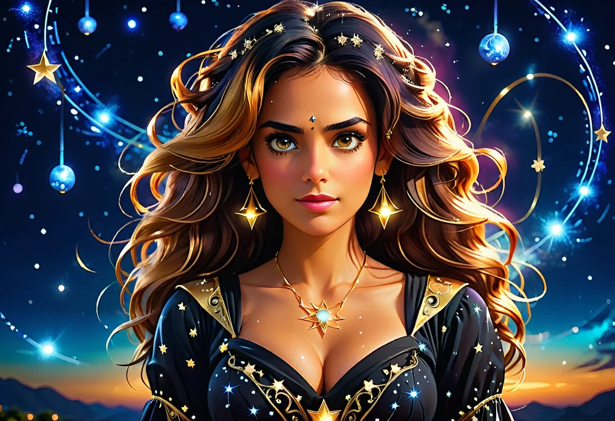 a portrait of an astrologer looking at libra constellation in the night sky, an extraordinary beautiful woman, there is magic in her eyes divining the future from the Libra constellation, dynamic hair color, dynamic hair style, wearing an intricate black dress decorated with glowing stars, she looks to the night sky seeing the ((Libra constellation in the sky: 1.5)), vibrant, Ultra-high resolution, High Contrast, (masterpiece:1.5), highest quality, Best aesthetics), best details, best quality, highres, 16k, [ultra detailed], masterpiece, best quality, (extremely detailed), Cinematic Hollywood Film, magical sky, FireMagicAI, dark novel