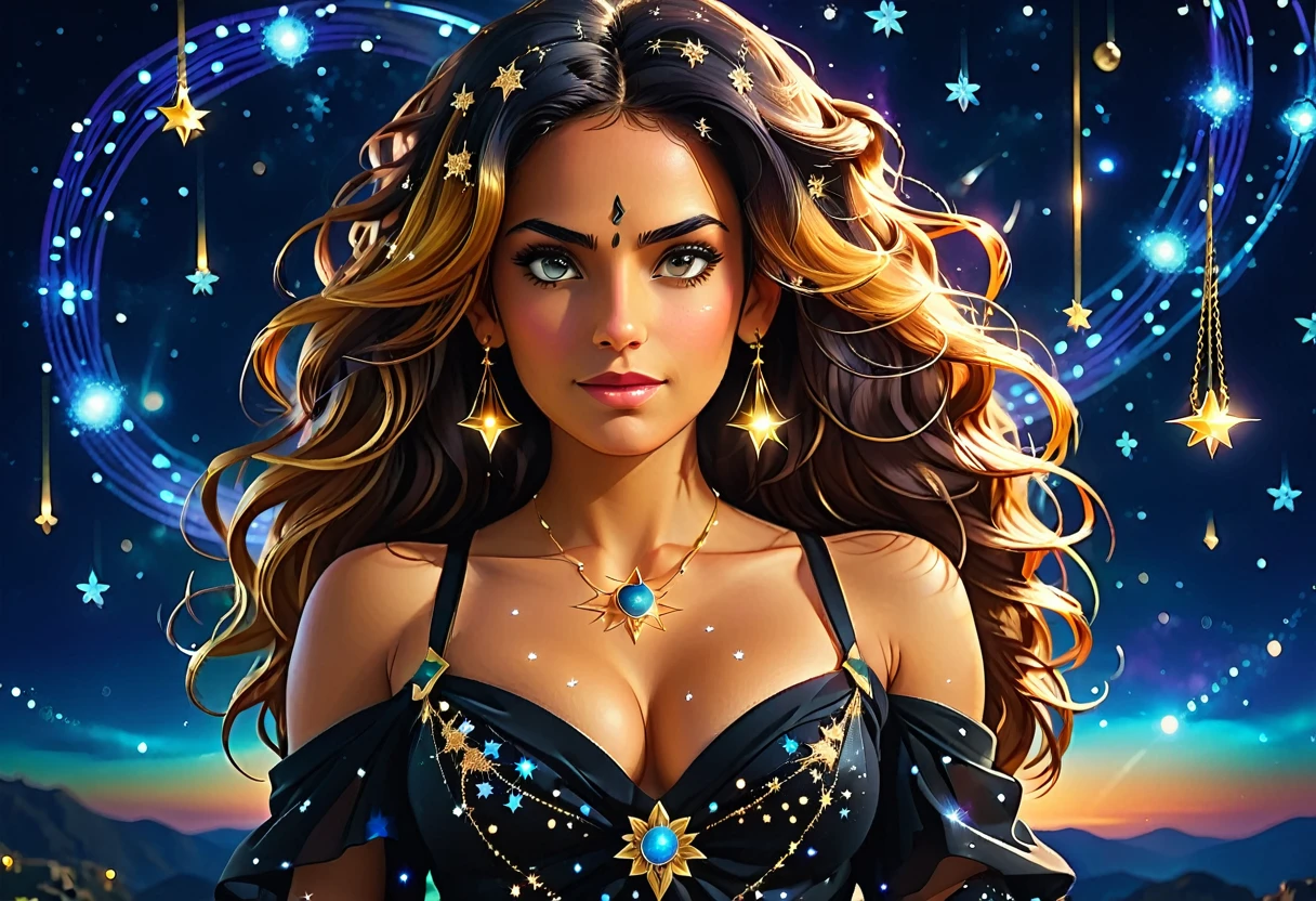 a portrait of an astrologer looking at libra constellation in the night sky, an extraordinary beautiful woman, there is magic in her eyes divining the future from the Libra constellation, dynamic hair color, dynamic hair style, wearing an intricate black dress decorated with glowing stars, she looks to the night sky seeing the ((Libra constellation in the sky: 1.5)), vibrant, Ultra-high resolution, High Contrast, (masterpiece:1.5), highest quality, Best aesthetics), best details, best quality, highres, 16k, [ultra detailed], masterpiece, best quality, (extremely detailed), Cinematic Hollywood Film, magical sky, FireMagicAI, dark novel