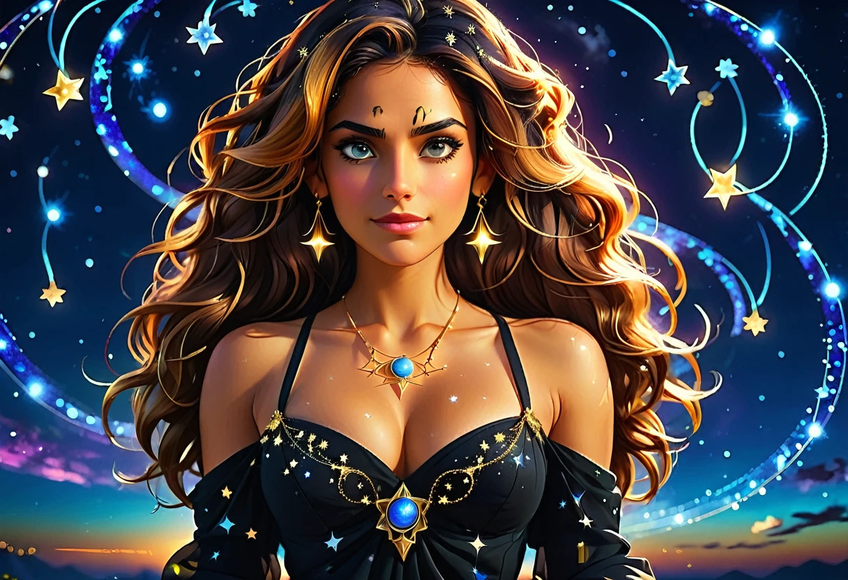 a portrait of an astrologer looking at libra constellation in the night sky, an extraordinary beautiful woman, there is magic in her eyes divining the future from the Libra constellation, dynamic hair color, dynamic hair style, wearing an intricate black dress decorated with glowing stars, she looks to the night sky seeing the ((Libra constellation in the sky: 1.5)), vibrant, Ultra-high resolution, High Contrast, (masterpiece:1.5), highest quality, Best aesthetics), best details, best quality, highres, 16k, [ultra detailed], masterpiece, best quality, (extremely detailed), Cinematic Hollywood Film, magical sky, FireMagicAI, dark novel
