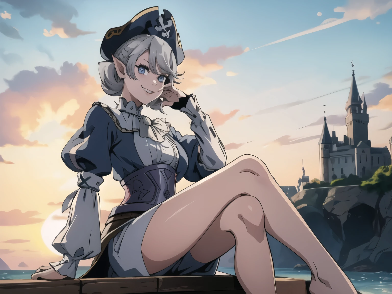Beautiful arts wallpaper Sunset Outside castle top  High level image quality　best image quality　8K　 adult woman   on pirate ship with black seals    more colors   whole body view　portrait　  　    ears  　short hair（（shortcut）（gray hair）（perm）（fluffy））　eye color is blue ,  , 　attractive evil face , smile   ,  wering pirate dress, pirate hat    ,  labrynth   , sitting with crossed legs   , barefoot ,  side
