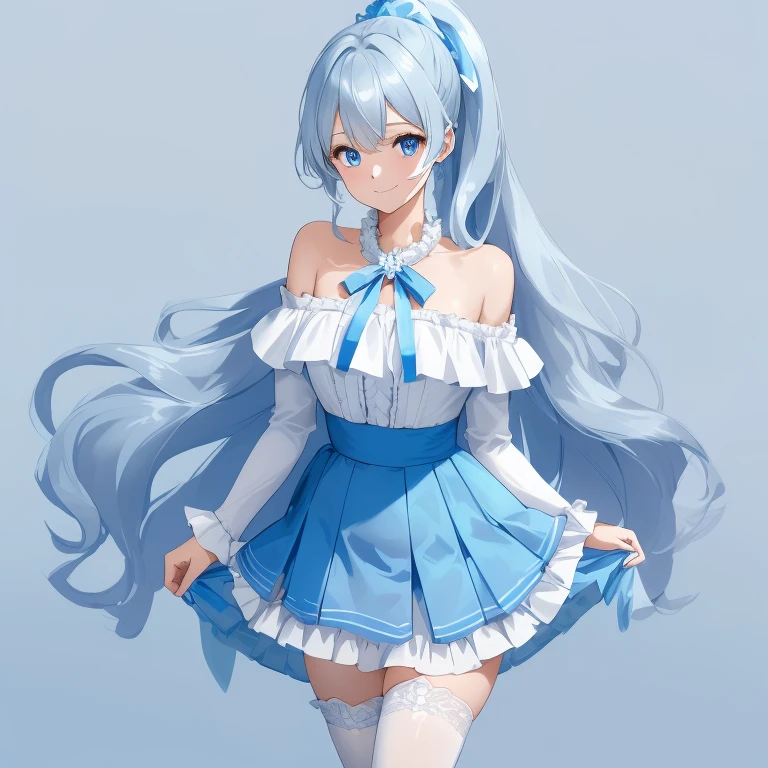 1lady, solo, best quality, masterpiece, 
(light blue and white off shoulder frill blouse) and (indigo flared skirt) and (zettai ryouiki),
(Light blue long ponytail wavy hairl) and (blue eyes, drooping eyes), 
smile, standing, 
sharp outline, gray background, simple background