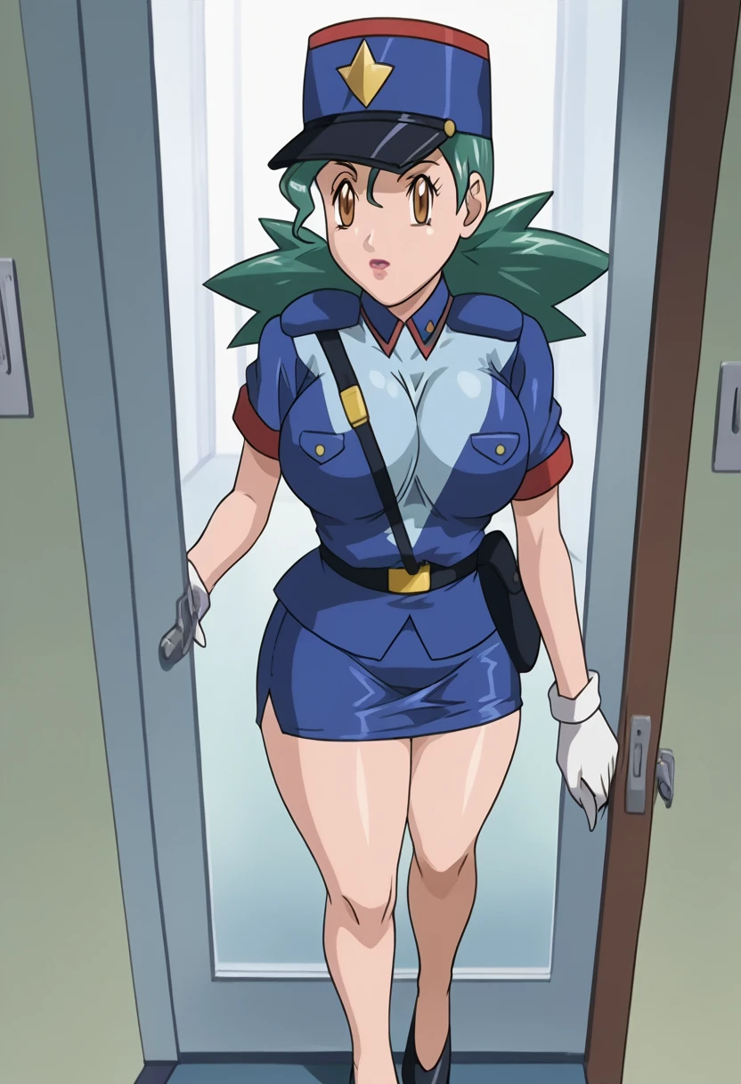 score_9, score_8_up, source_anime Bibl3, milf, busty shortstack, slutty police uniform, belt, pencil skirt, short skirt, pleated skirt, white gloves, high heels, skimpy outfit, bimbo, jenny (pokemon), green hair, innocent eyes, huge breasts, bouncing breasts, breast expansion, full lips, vivid lips, wide hips, thicc thighs, viewed from front, high angle, innocent expression, raised eyebrows, looking at viewer, raised eyebrows, detailed eyes, detailed face, cute girl, doorway to office