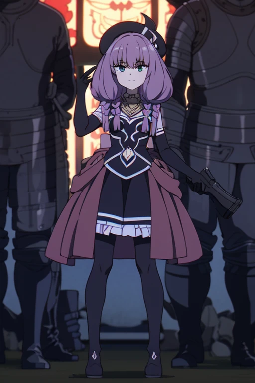((Best quality))),((Ultra-detailed)),((illustration)),((Disheveled hair)),((frilld)),(1 girl),(Solo),
1girl,***,handgun,hat,holding,holding_***,looking_at_viewer,solo,weapon,rating:safe,adjusting_clothes,adjusting_hat,adjusting_headwear,black_footwear,black_gloves,black_hat,black_headwear,black_legwear,black_pantyhose,blue_bow,boots,bow,clothing,dress,female,female_only,footwear,frills,gloves,headwear,holding_weapon,knee_boots,legwear,long_hair,makaria,pantyhose,pistol,pointing,pointing_at_viewer,pouch,olo,standing,
pink hair,grey hair,Horns,