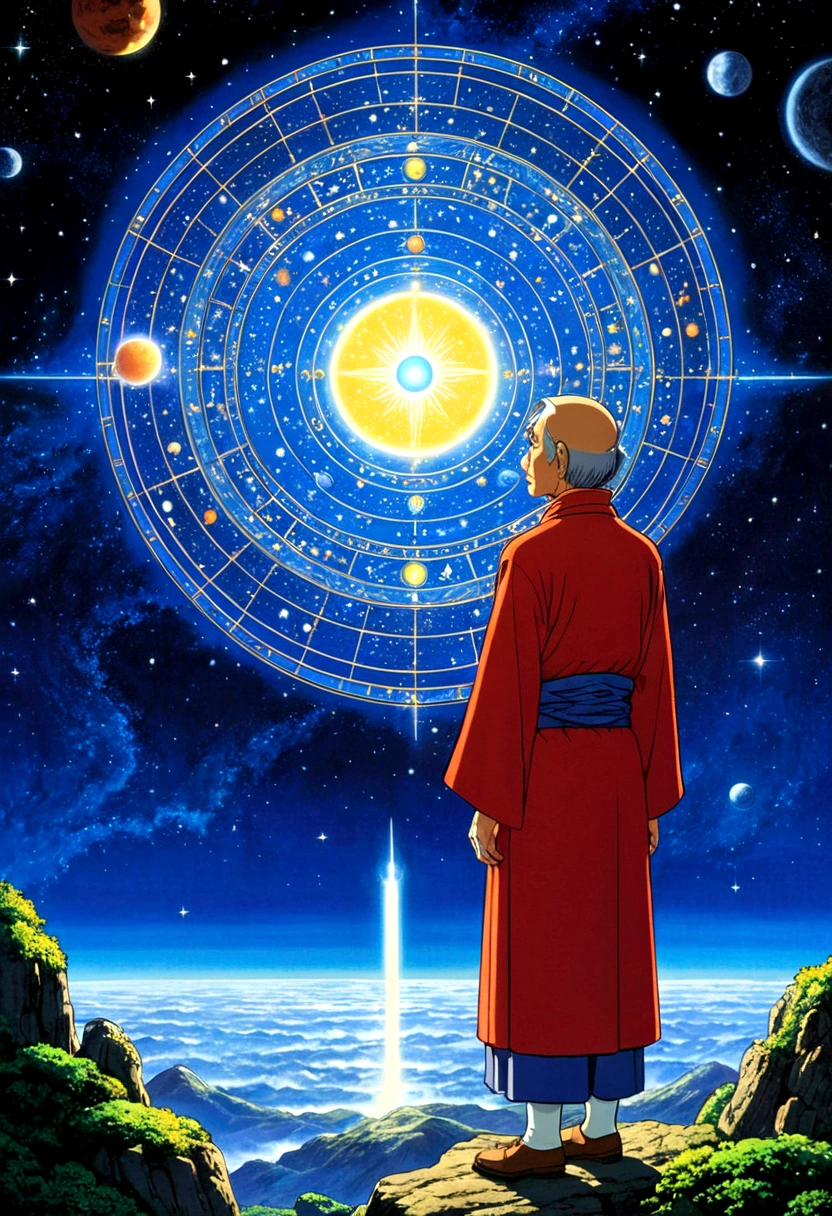 Astrologer, by Yoshiyuki Tomino, full body, cinematic still, cinemascope, best quality, masterpiece, very aesthetic, perfect composition, intricate details, ultra-detailed, vivid colors