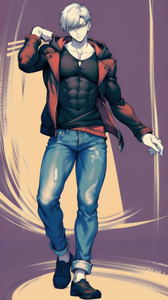 full body in image, masculine pose, unique hair, full man, dante jacket, hoodie, of dante, denim pants, male body, slender body, short hair, full body, hot body, sexy male body, dinamic pose. detalied pose, body, simple background, expressive face, focus on face, line art, sketch
