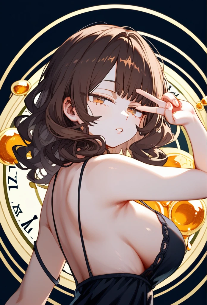 masterpiece, Score_9, Score_8_up, Score_7_up, rear view, 1 woman, alone, brown hair, long curly hair, split bangs, honey eyes, half-closed eyes, parted lips, expressionless, pale skin, large breasts, upper body, Black nightdress with V-neckline, black background, best quality, long and split bangs, boku no Hero academia , with clocks background