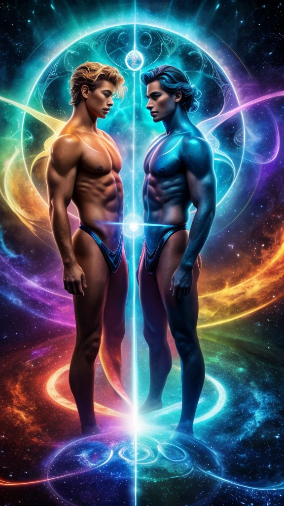 Create a visually stunning, photorealistic image that captures the multifaceted essence of Gemini. Imagine a charismatic male model standing at the crossroads of two divergent paths, symbolizing the duality of the zodiac sign. Surround you with swirling cosmic energies and ethereal mists, representing the ever-changing nature of Gemini's intellect and curiosity. Ensure meticulous attention to detail in model expression, reflecting the intelligence and charm inherent in Gemini personalities. With dynamic lighting and vibrant colors, create a scene that captivates viewers and invites them to explore the depths of Gemini's boundless imagination and restless spirit.
