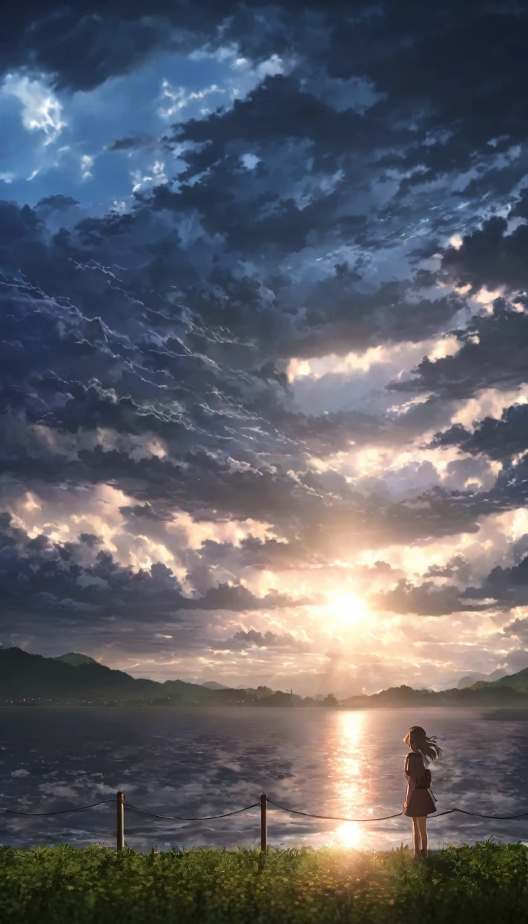 a young girl watching the beautiful weather before the storm ultra realistic anime style 8k