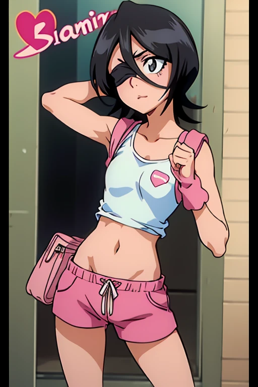girl in pink waistband short pants, wearing oven mittens tucked in pockets, blindfold