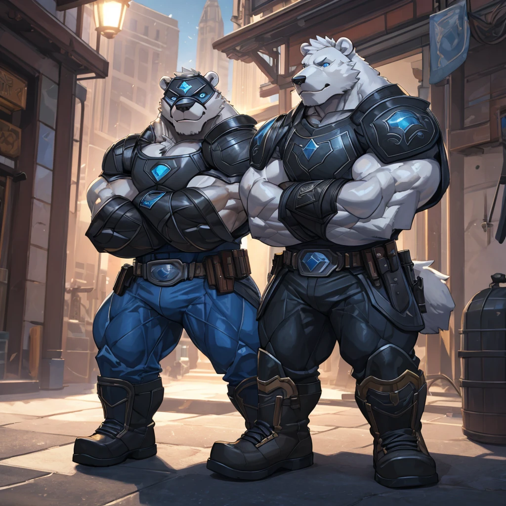 high quality, best quality, 8k, masterpiece, hyper detailed, cinematic lighting, dramatic lighting, sharp focus, RAW photo, octane render, physically-based rendering, photorealistic, highly detailed, intricate details, 1 anthropomorphic white polar bear, superhero, muscular body, ripped chest, white fur, standing on rooftop, blue eye mask, blue and black super suit, blue breastplate, blue pants and boots, black sleeves, muscular biceps, gold triangle belt, blue gloves, crossed arms, heroic pose