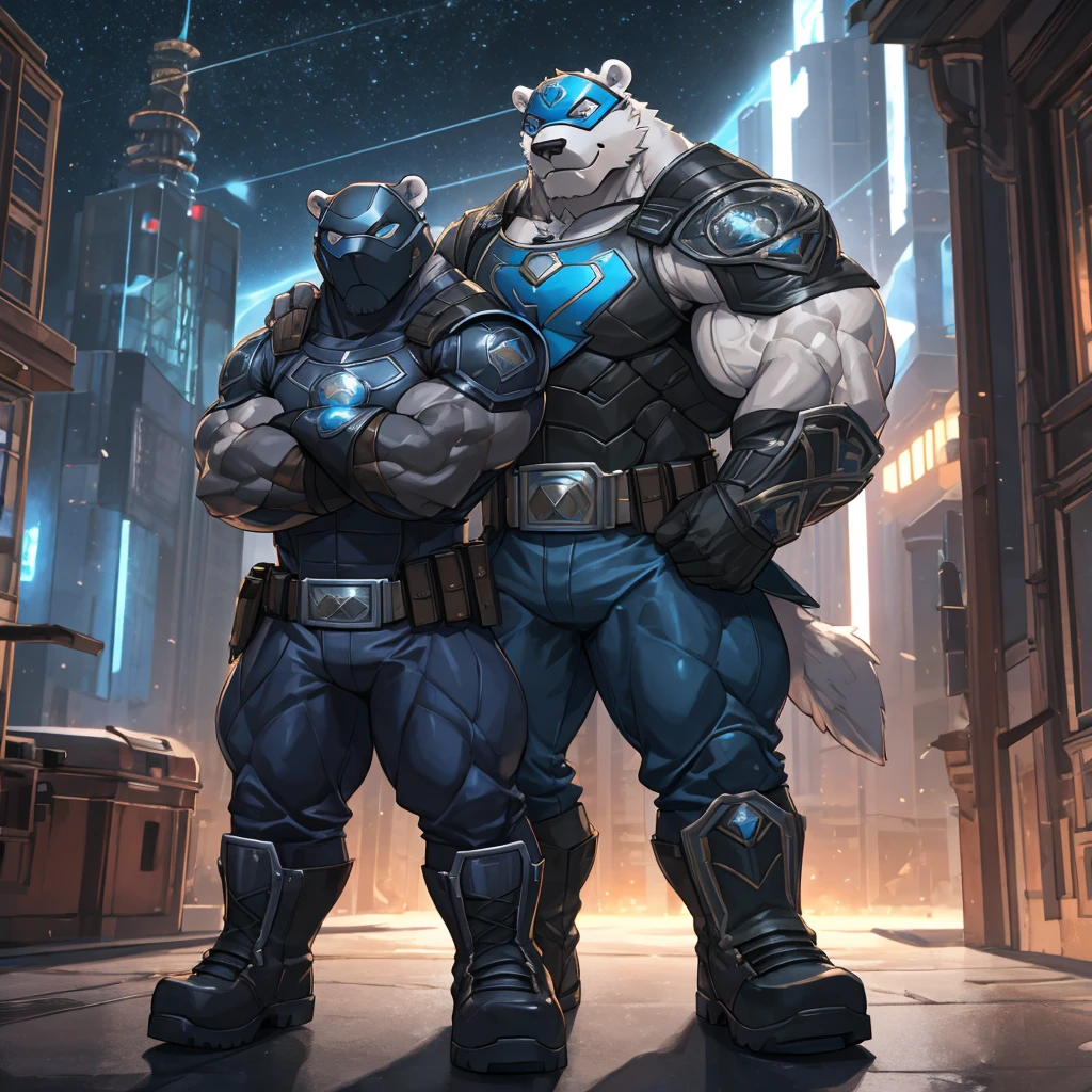 high quality, best quality, 8k, masterpiece, hyper detailed, cinematic lighting, dramatic lighting, sharp focus, RAW photo, octane render, physically-based rendering, photorealistic, highly detailed, intricate details, 1 anthropomorphic white polar bear, superhero, muscular body, ripped chest, white fur, standing on rooftop, blue eye mask, blue and black super suit, blue breastplate, blue pants and boots, black sleeves, muscular biceps, gold triangle belt, blue gloves, crossed arms, heroic pose