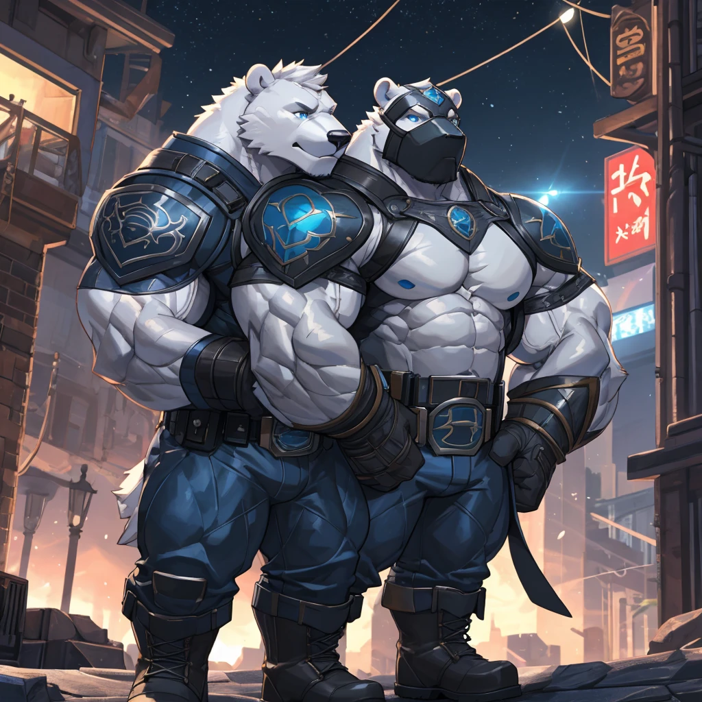 high quality, best quality, 8k, masterpiece, hyper detailed, cinematic lighting, dramatic lighting, sharp focus, RAW photo, octane render, physically-based rendering, photorealistic, highly detailed, intricate details, 1 anthropomorphic white polar bear, superhero, muscular body, ripped chest, white fur, standing on rooftop, blue eye mask, blue and black super suit, blue breastplate, blue pants and boots, black sleeves, muscular biceps, gold triangle belt, blue gloves, crossed arms, heroic pose