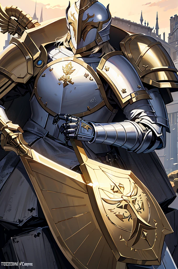 броня Paladinа, Adeptus Custodes Centurion, heavy armor, Heavy armor, Paladin, Fantasy art of Warhammer, a spear, Эпическая броня Paladinа, heavy armor. Dramatic, Female Elf, Big Shield, white long hair, closed helmet Custodes,