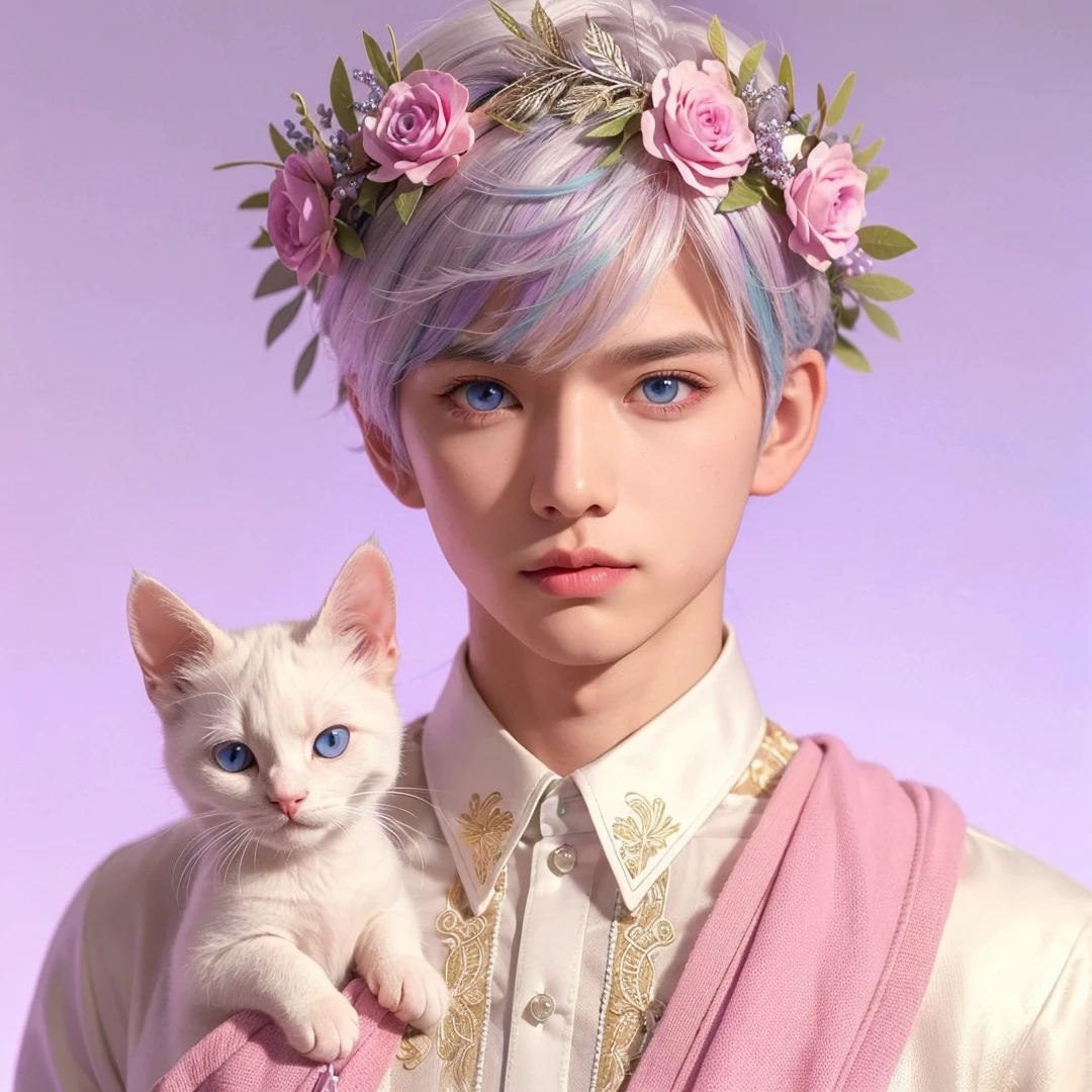 Handsome boy, white hair highlighted with purple and turquoise, light blue eyes, wearing white barong tagalog with pink clothes, white cat