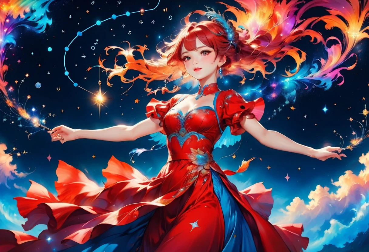 a portrait of an astrologer looking at libra constellation in the night sky, an extraordinary beautiful woman, there is magic in her eyes divining the future from the Libra constellation, dynamic hair color, dynamic hair style, wearing an intricate red dress decorated with glowing stars, she looks to the night sky seeing the ((Libra constellation in the sky: 1.5)), vibrant, Ultra-high resolution, High Contrast, (masterpiece:1.5), highest quality, Best aesthetics), best details, best quality, highres, 16k, [ultra detailed], masterpiece, best quality, (extremely detailed), Cinematic Hollywood Film, magical sky, FireMagicAI, dark novel